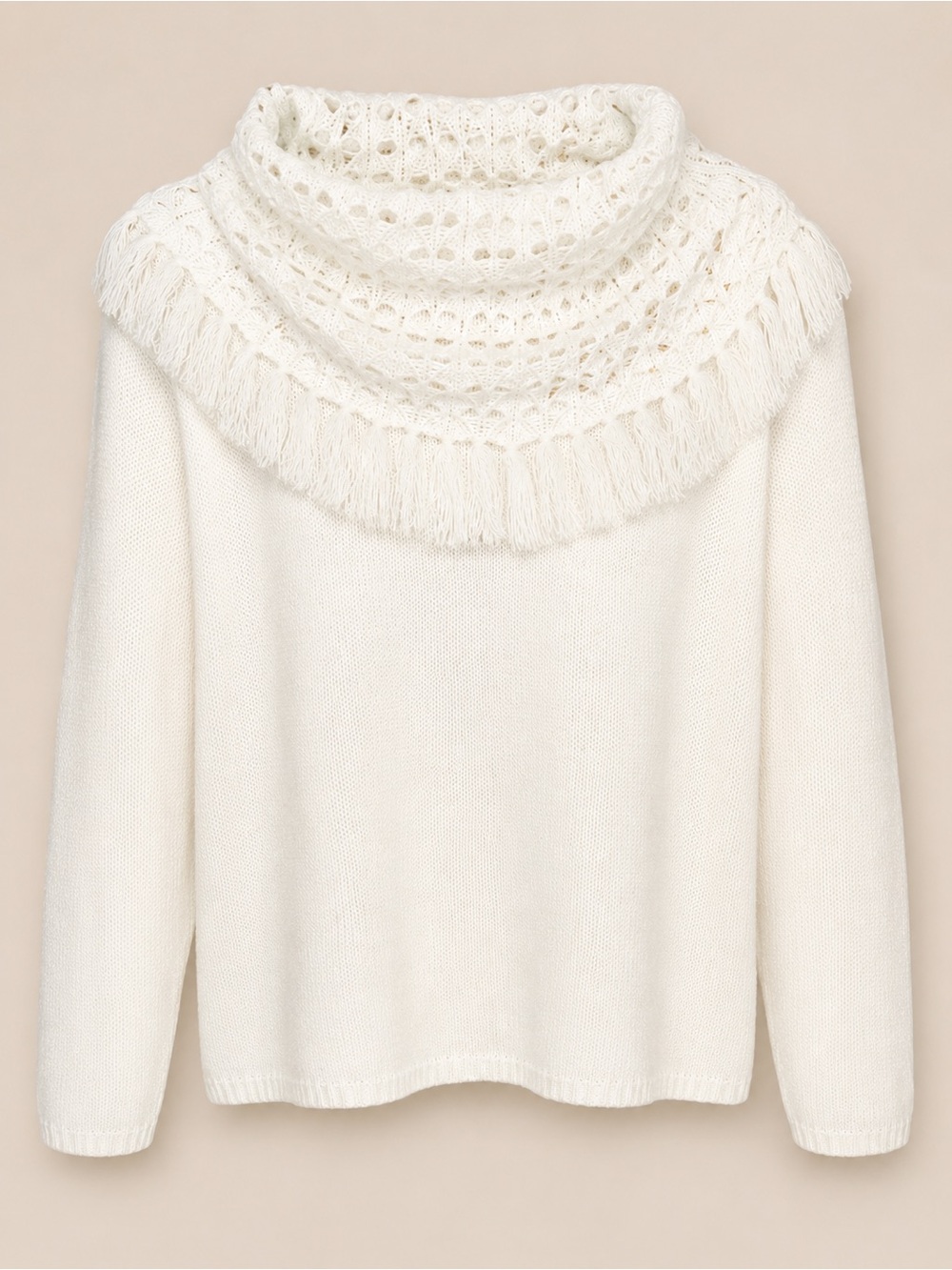 Norton McNaughton Cream Fringed Cowl-Neck Sweater